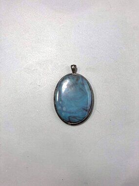 Vintage 1970s Silver Plated Backed Polished Larimar Stone Pendant